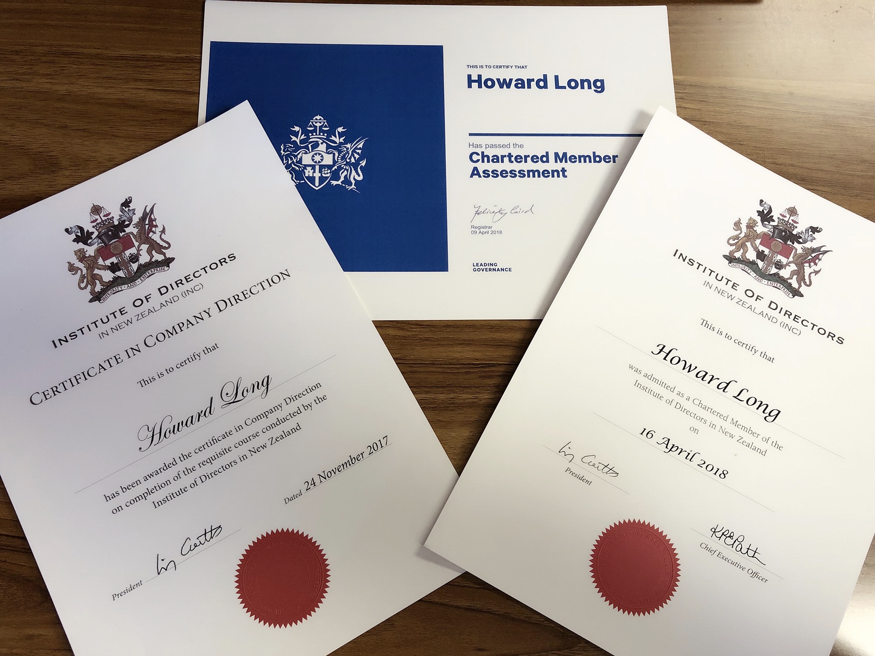 Institute of Directors New Zealand chartered member certificates for Howard Long