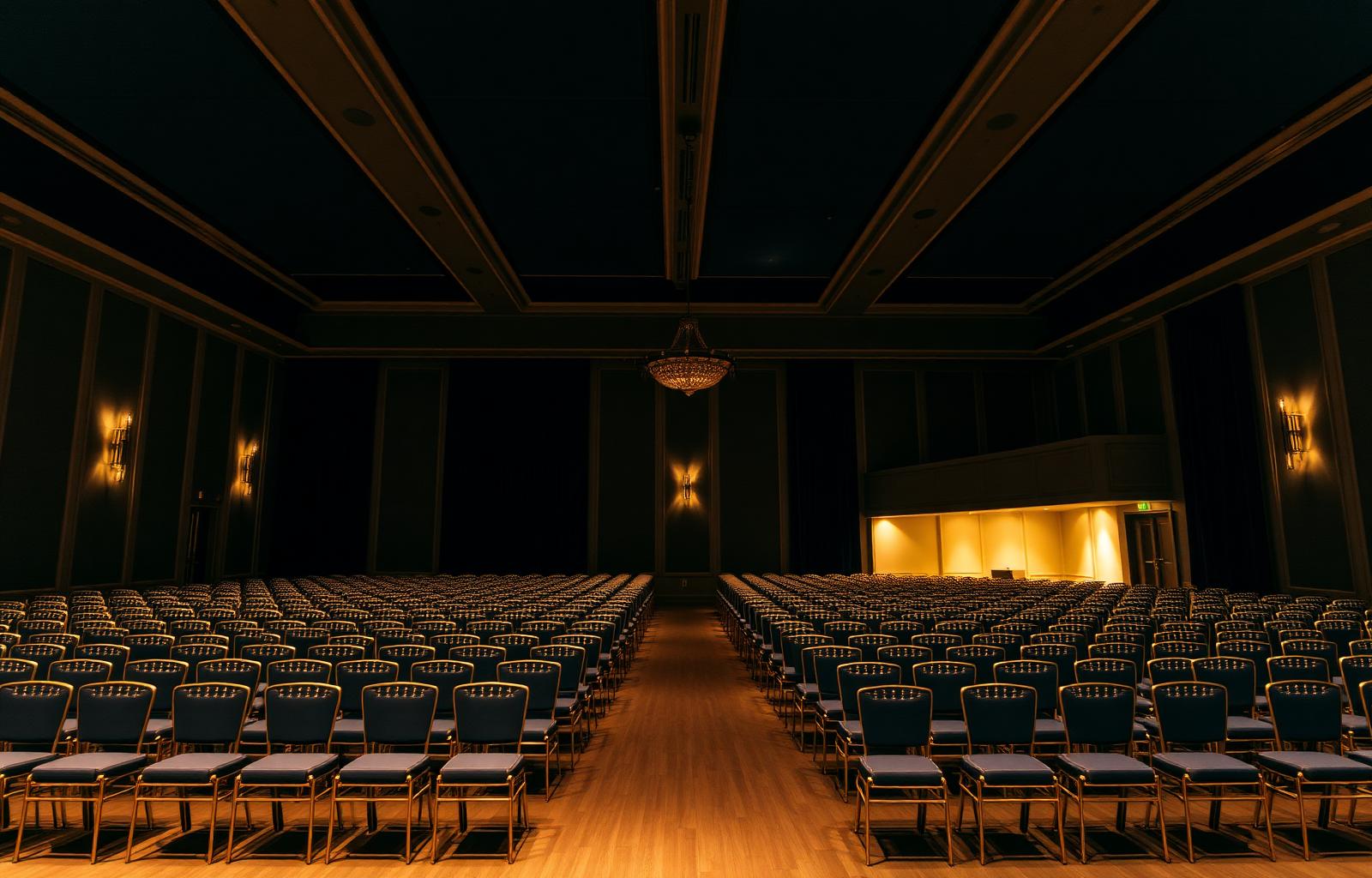 An empty event venue lit with soft golden light