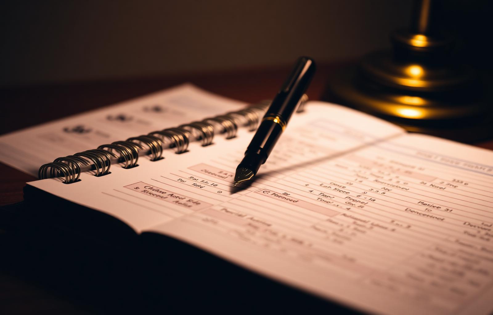 A fountain pen on a financial ledger lit by a brass desk lamp